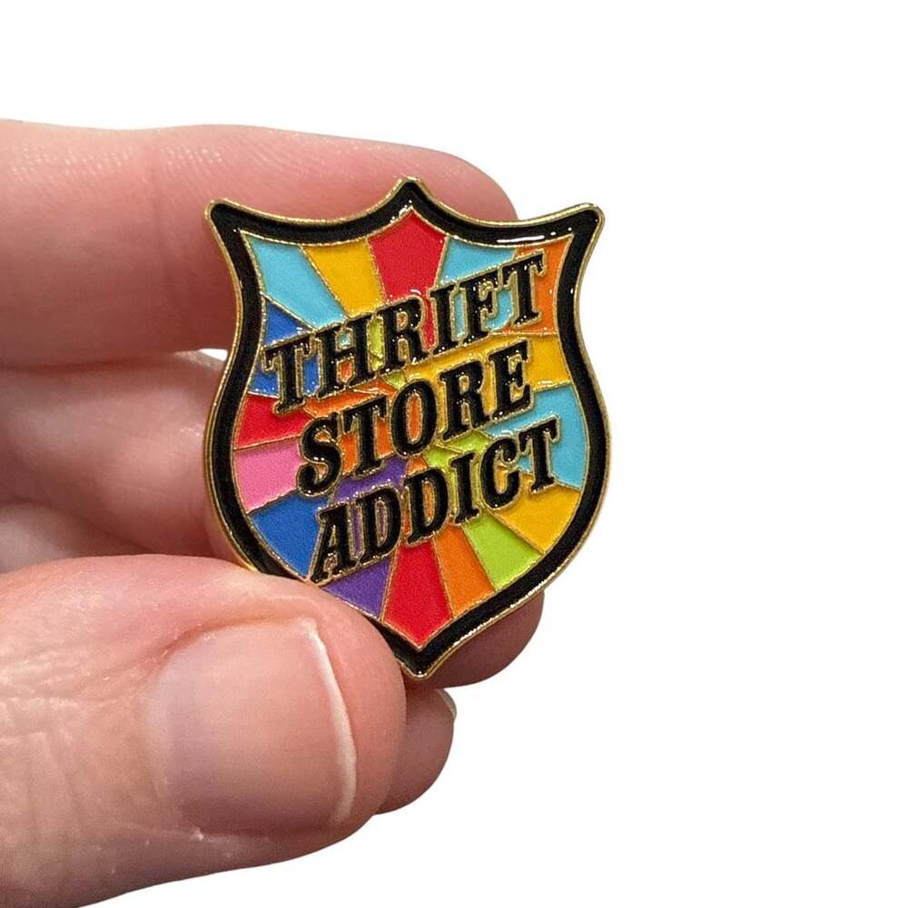 Thrift Store Addict Rainbow Shield Enamel Pin
